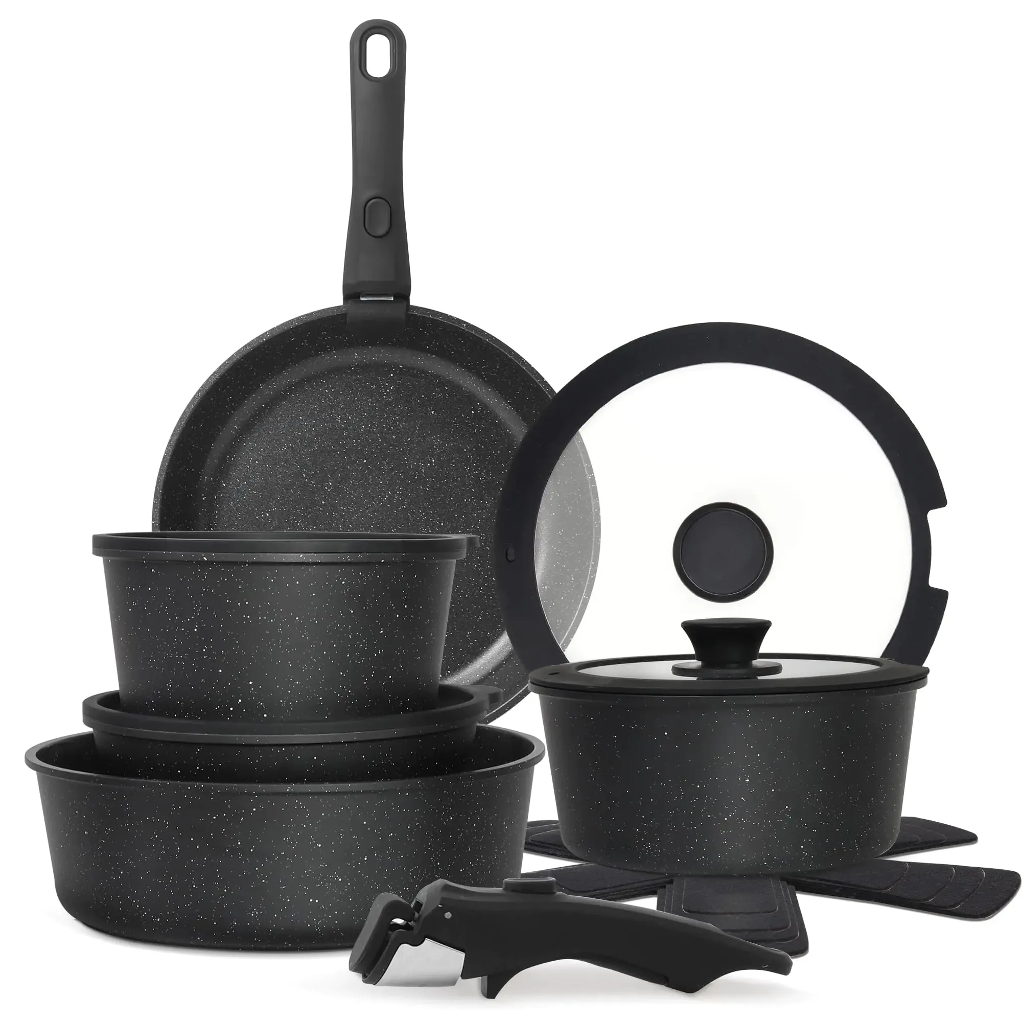 Cuisinluv 15PCS Pots and Pans Set Non Stick Kitchen Cookware Sets with Detachable Handle Ceramic Cookware Sets Non Stick RV Cookware Cooking Set Dishwasher ＆ Oven Safe PFOA Free Black