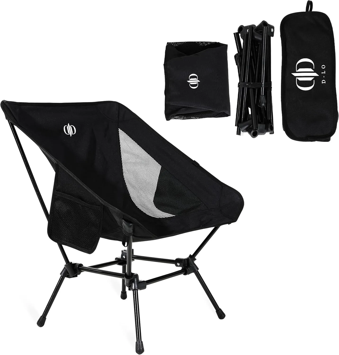 D-LO Ultralight Camping Chair - Black - Upgraded Dual Pocket - High Strength 600D Oxford Fabric - 7075 Aluminum Alloy - Great for Camping, Hiking, Lounging