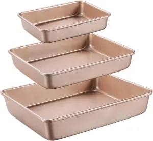 Deep Baking Pans Set Nonstick,Rectangle Cake Pan,Stackable Bakeware Set of 3,Oven Trays for Baking,Gold(9''/11''/13'')