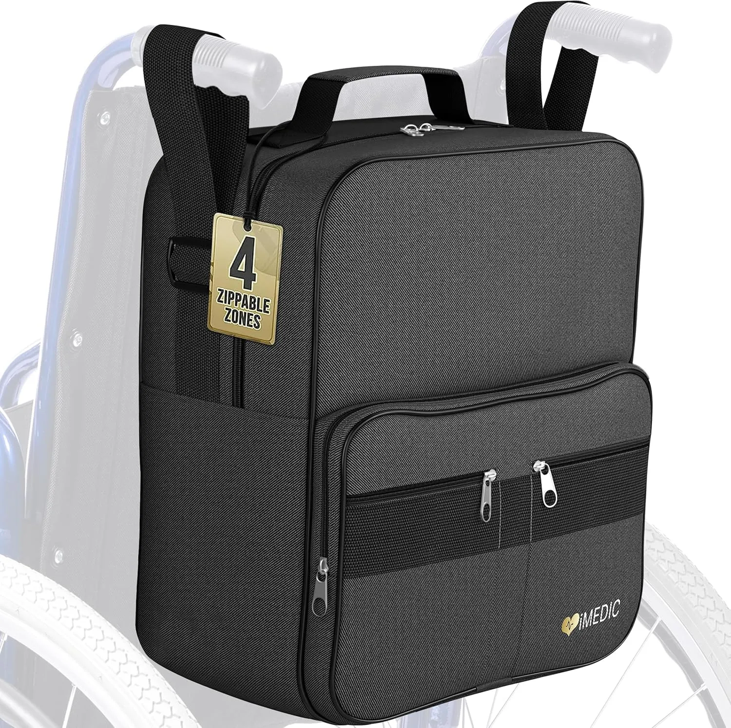 Deluxe Wheelchair Bag – Storage Backpack for Adults – Hangs Securely on Wheelchair Back – Organiser for Mobility & Electric Wheelchairs – Black