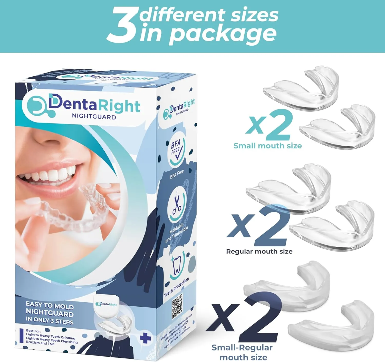 Dental Mouthguard for Bruxism, Teeth Grinding and Clenching, Pack of 6 in 3 Different Sizes Moldable, Trimmable Premium Quality Dental Night Guard for Teeth Grinding and Stops Bruxism