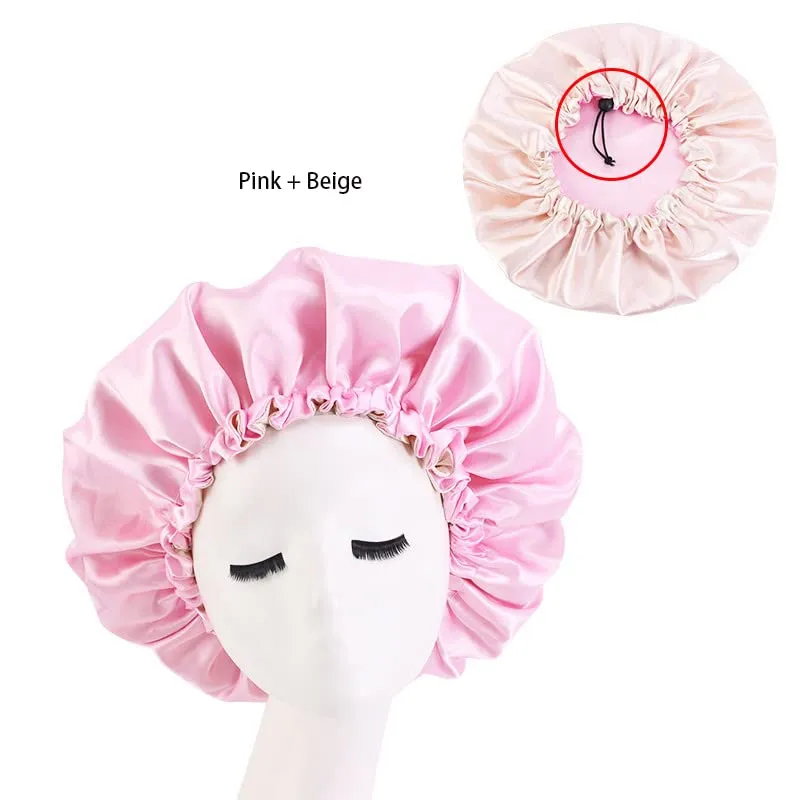 DEPHNARSA 3pcs Extra Large Double Layer Reversible Adjustable Drawstring Satin Cap Sleeping Curly Natural Hair (W Drawsting C SetB)