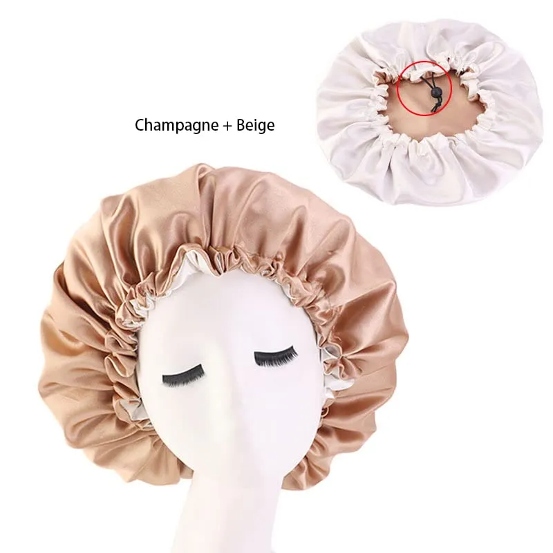 DEPHNARSA 3pcs Extra Large Double Layer Reversible Adjustable Drawstring Satin Cap Sleeping Curly Natural Hair (W Drawsting C SetB)