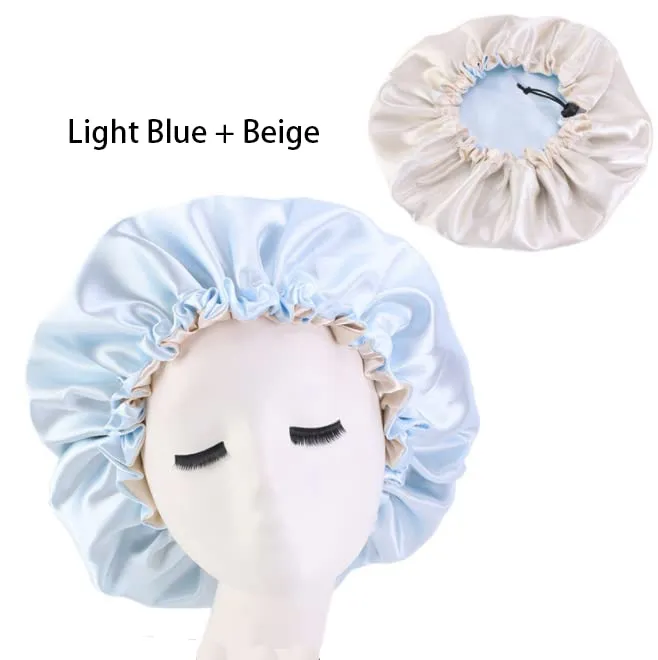 DEPHNARSA 3pcs Extra Large Double Layer Reversible Adjustable Drawstring Satin Cap Sleeping Curly Natural Hair (W Drawsting C SetB)
