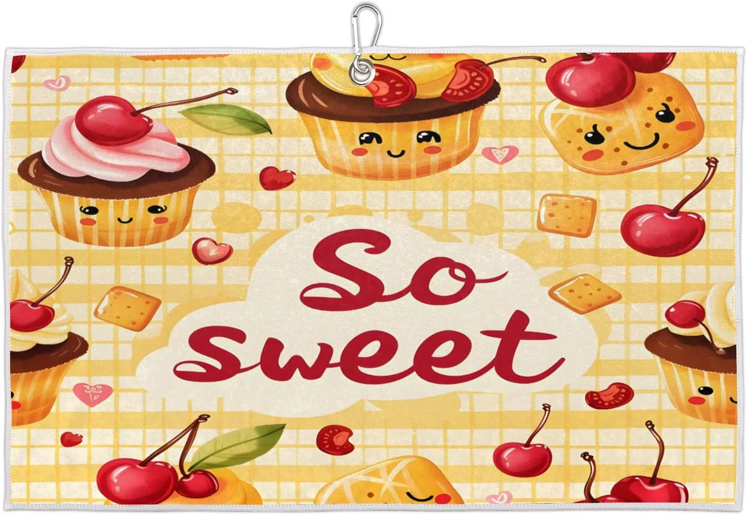 Dessert Cake Love Cherry Golf Towel with Heavy Duty Carabiner Ultra Absorbent Quick Dry Perfect for Cleaning Clubs Balls Gear Essential Golf Accessory for Men Women Kids