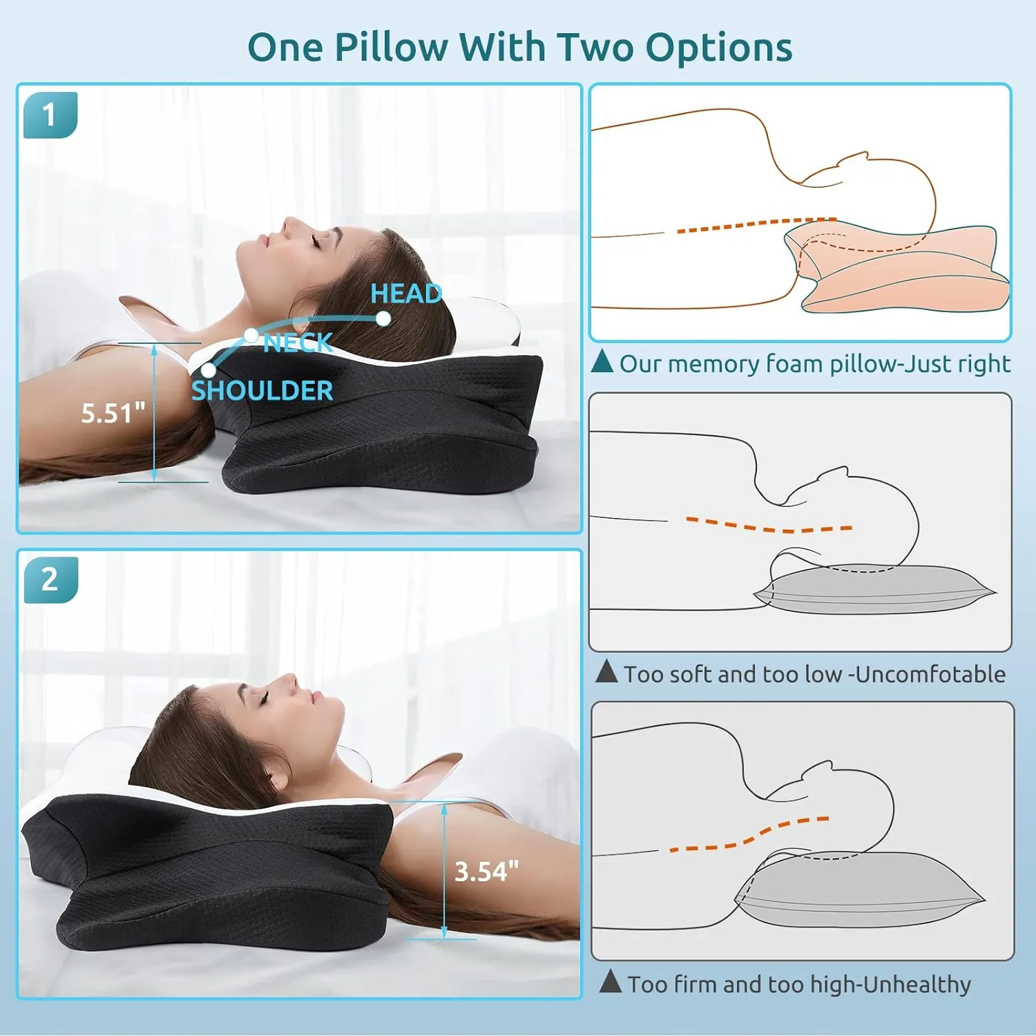 DONAMA Cervical Pillow for Neck and Shoulder,Contour Memory Foam Pillow,Ergonomic Neck Support Pillow for Side Back Stomach Sleepers with Pillowcase