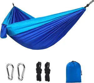 Double Camping Hammock, Lightweight Nylon Parachute Hammocks with 2 Tree Straps, Hammock for Camping Double Hammocks Gear for The Outdoors Travel (Blue)