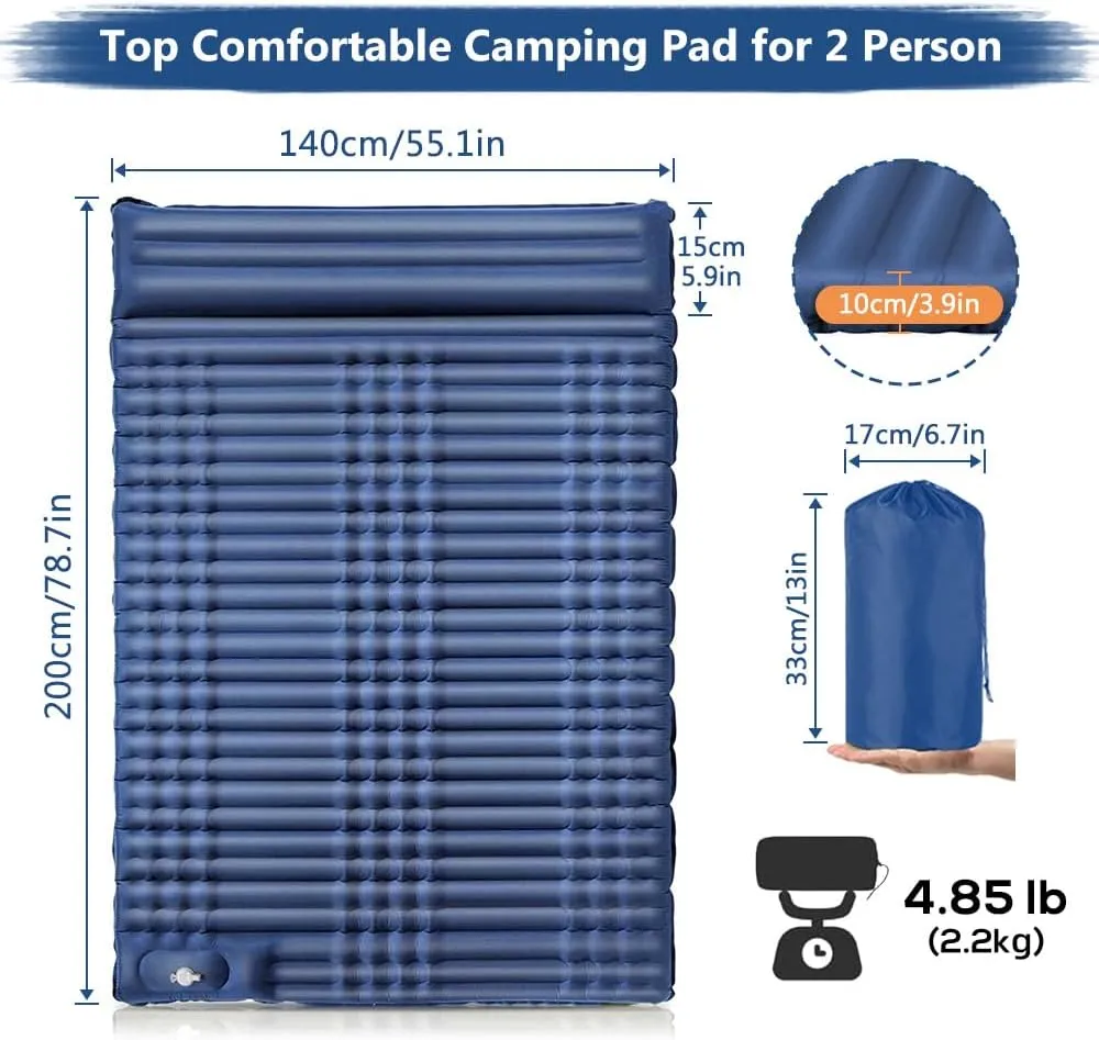 Double Self Inflating Sleeping Pad Camping Bed for Adults with Built-in Foot Pump and Pillows Self-Inflating Portable Camping Bed for Backpacking and Hiking