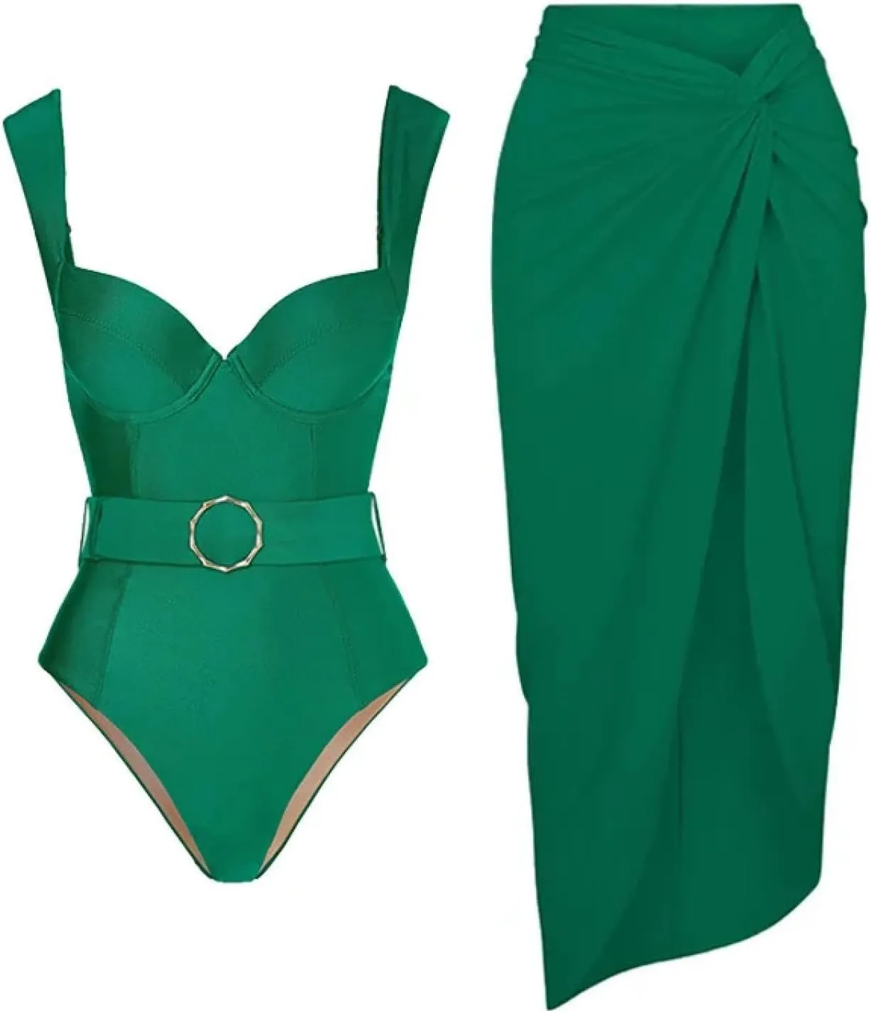 Double-Shouldered Hard Bag Hollow Green one-Piece Swimsuit Suit Women