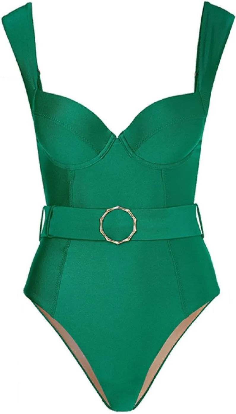 Double-Shouldered Hard Bag Hollow Green one-Piece Swimsuit Suit Women