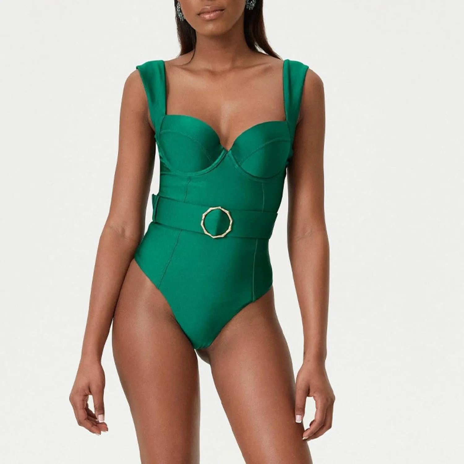 Double-Shouldered Hard Bag Hollow Green one-Piece Swimsuit Suit Women