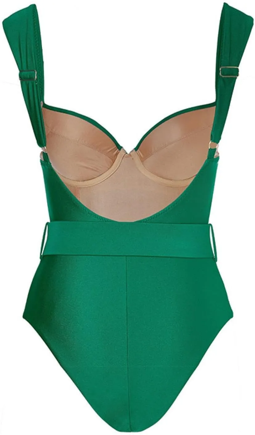Double-Shouldered Hard Bag Hollow Green one-Piece Swimsuit Suit Women