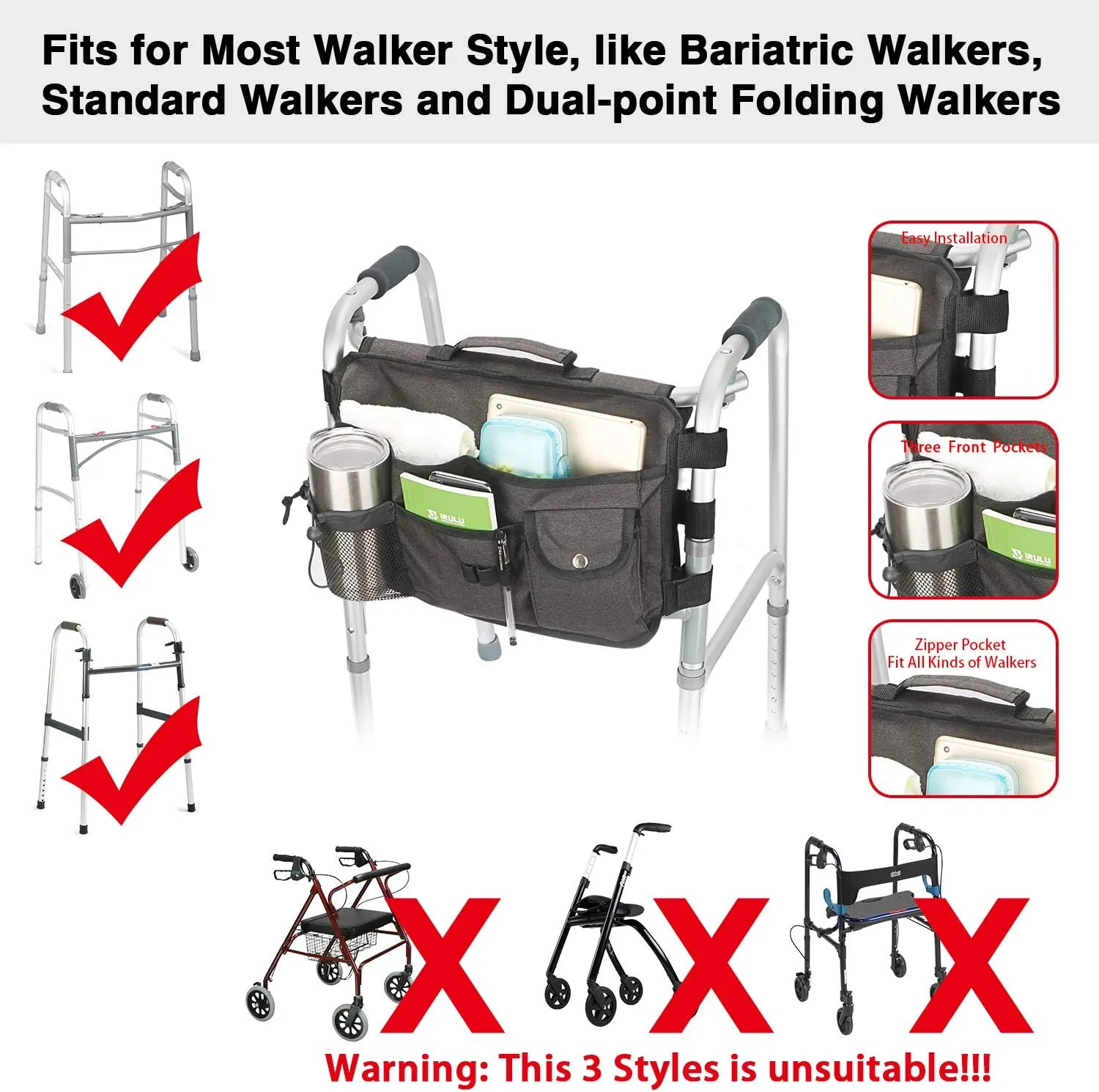 Double Sided Walker Bag Organizer Pouch Tote for Rollator and Folding Walker (Black)