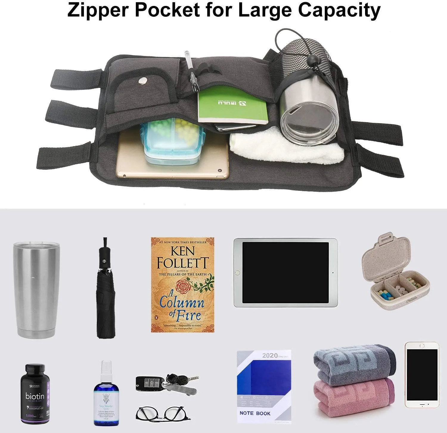 Double Sided Walker Bag Organizer Pouch Tote for Rollator and Folding Walker (Black)