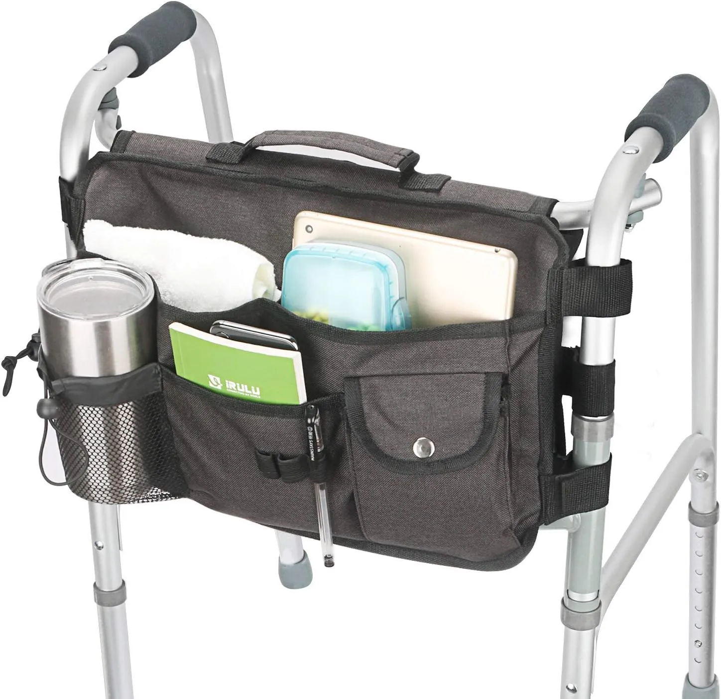 Double Sided Walker Bag Organizer Pouch Tote for Rollator and Folding Walker (Black)