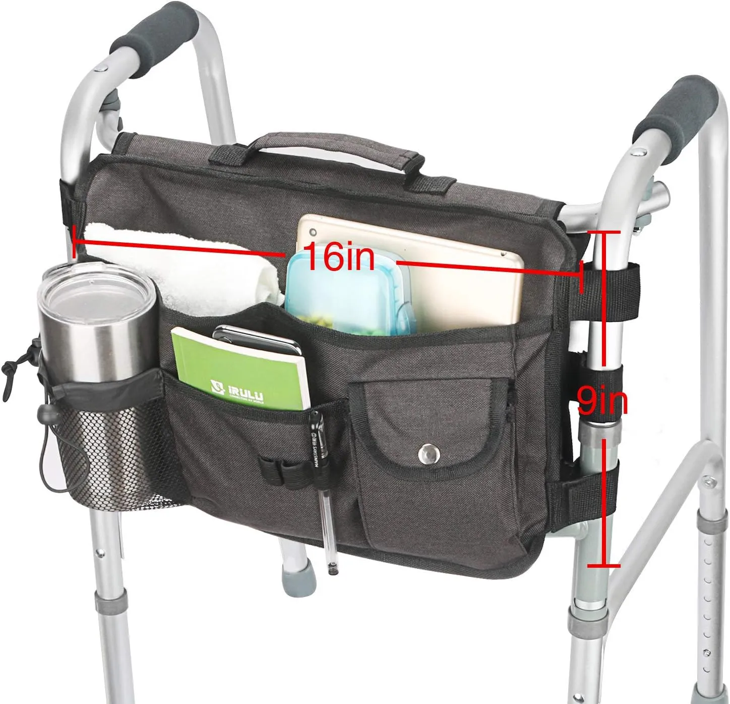 Double Sided Walker Bag Organizer Pouch Tote for Rollator and Folding Walker (Black)
