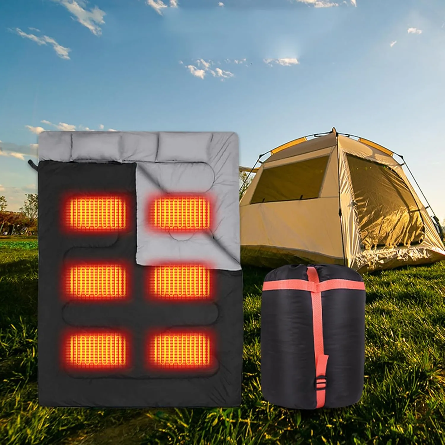 Double Sleeping Bag, USB Heated, 3-Season Electric Sleeping Bag for 2 Persons, Ideal for Camping, Hiking, and Backpacking Adventures, Cold Weather Comfort