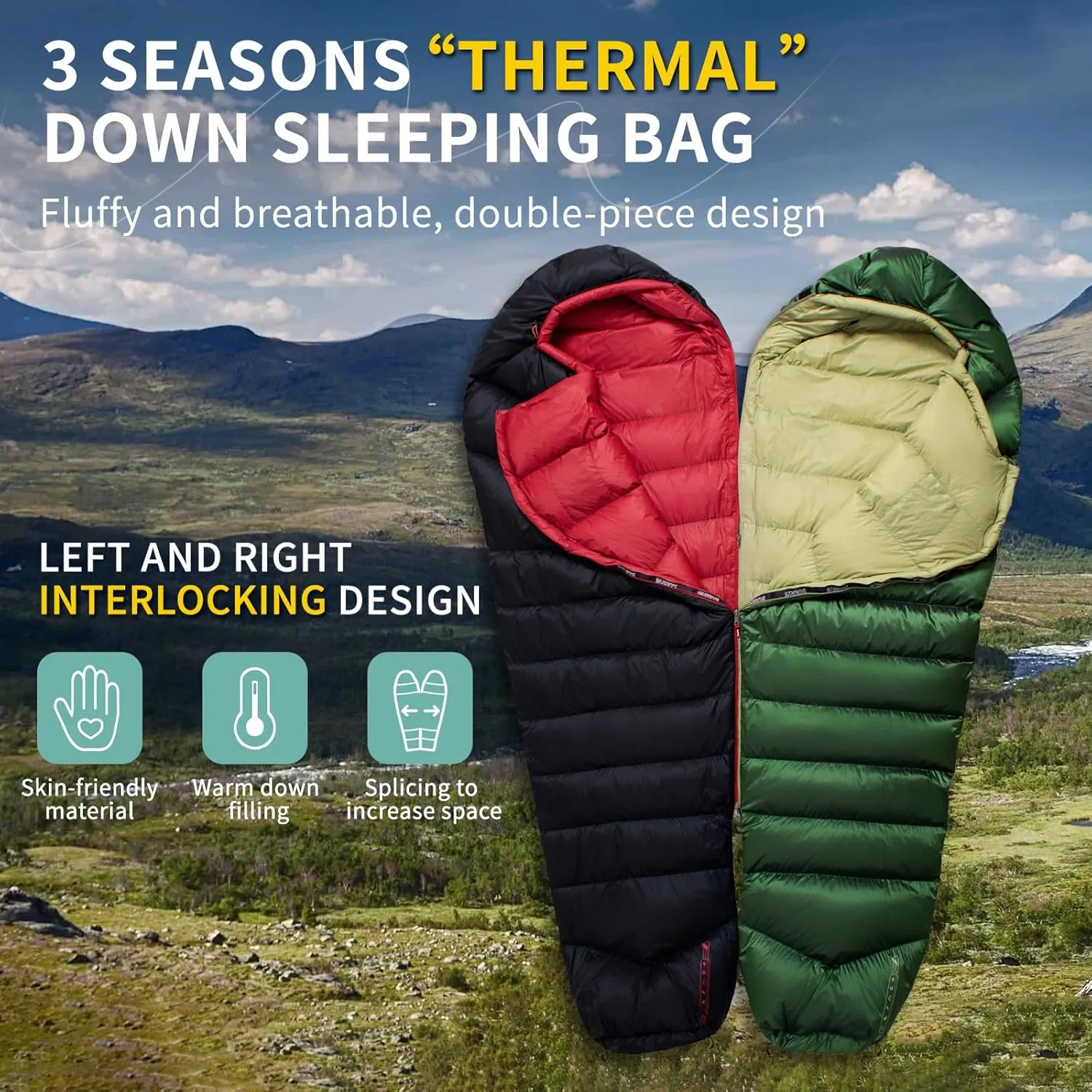 Down Sleeping Bag 620FP,3 Season Ultralight Sleeping Bag for Adults & Teens, Lightweight, Compact for Hiking, Camping & Backpacking.