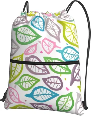 Drawstring Backpack with Zip Pockets, Coloured foliage lines Print Lightweight string Bag Travel Gym Sack, Hiking, Yoga