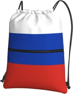 Drawstring Backpack with Zip Pockets, Russian Flag Print Lightweight string Bag Travel Gym Sack, Hiking, Yoga