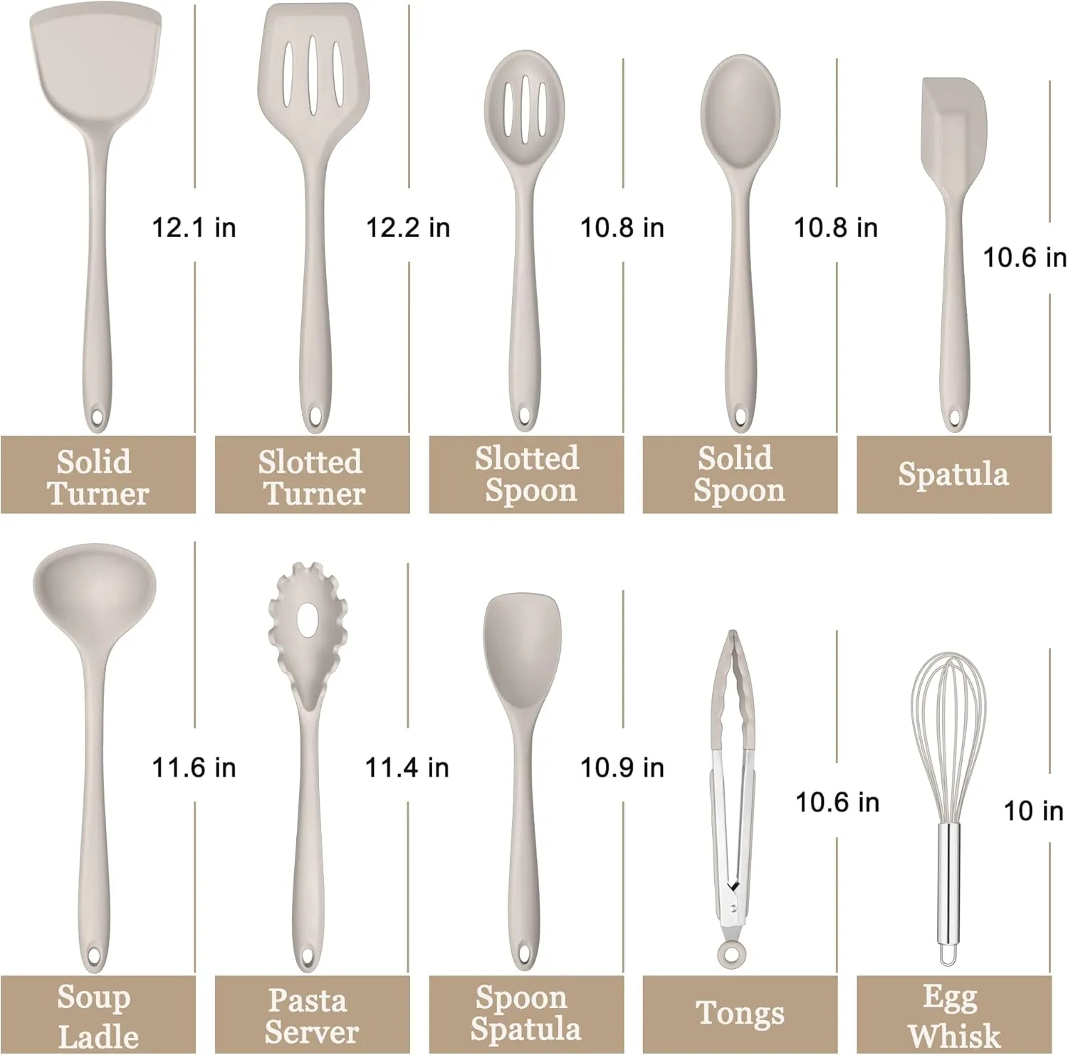 E-far 10 Pieces Silicone Cooking Utensils Set, Heat Resistant Kitchen Utensil Set for Nonstick Cookware, Kitchen Cooking Tools with Spatula, Spoon, Slotted Turner, Non-Toxic & Dishwasher Safe (Khaki)