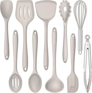 E-far 10 Pieces Silicone Cooking Utensils Set, Heat Resistant Kitchen Utensil Set for Nonstick Cookware, Kitchen Cooking Tools with Spatula, Spoon, Slotted Turner, Non-Toxic & Dishwasher Safe (Khaki)