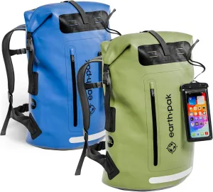 Earth Pak Waterproof Backpack - Heavy Duty Roll-Top Closure with Easy Access Front-Zippered Pocket and Cushioned Padded Back Panel for Comfort with IPX8 Waterproof Phone Case