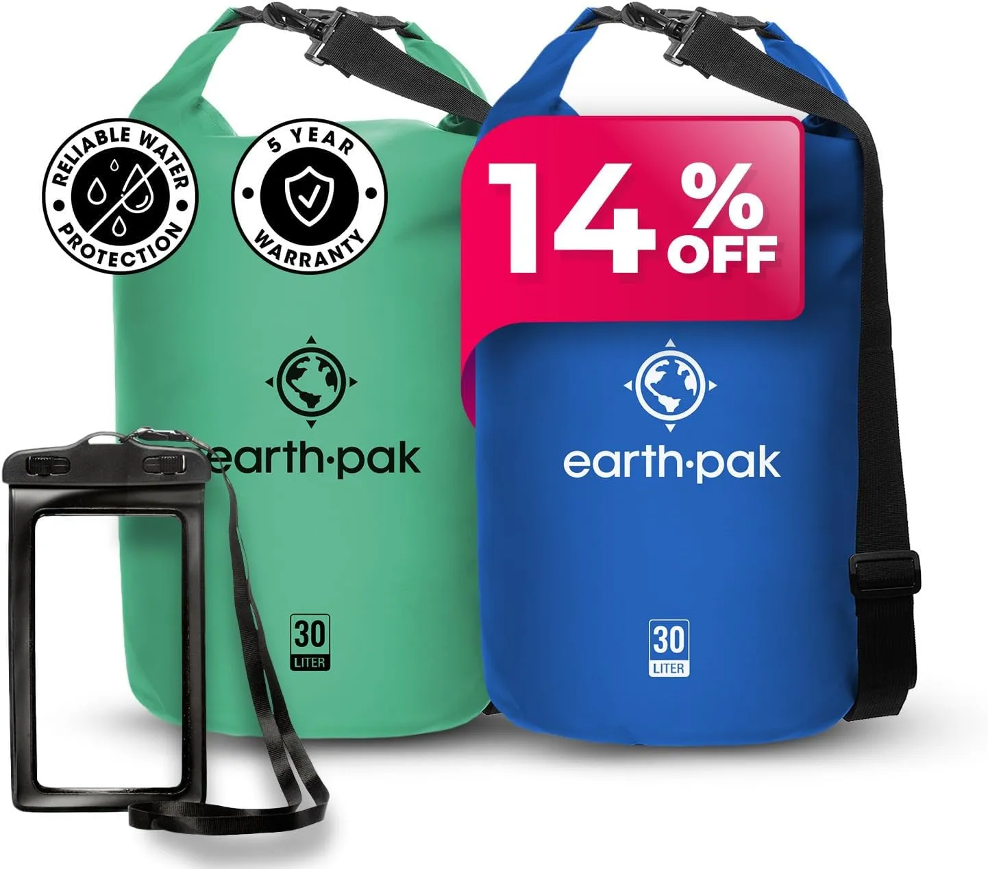 Earth Pak Waterproof Dry Bag - Roll Top Waterproof Backpack Sack (30L Seafoam Green & 30L Blue)