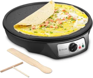 Electric Crepe Maker, iSiLER Nonstick Pancake Maker Griddle, 12 inches Crepe Pan with Spreader & Spatula, Temperature Control for Roti, Tortilla, Eggs