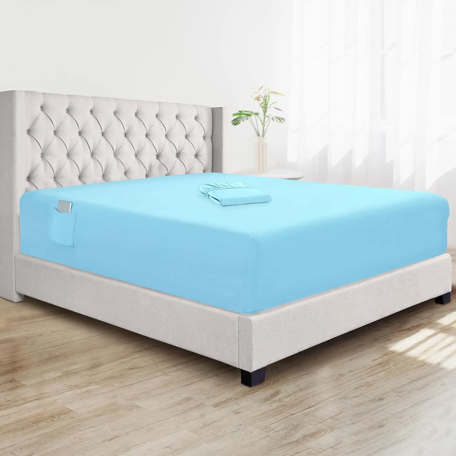 Elegant Comfort Super Soft 1-Piece Single Extra Deep Pocket 1500 Premium Hotel Quality Microfiber Fitted Sheet for High Mattress up to 21" inch with Double Sided Smart Pockets, King, Aqua