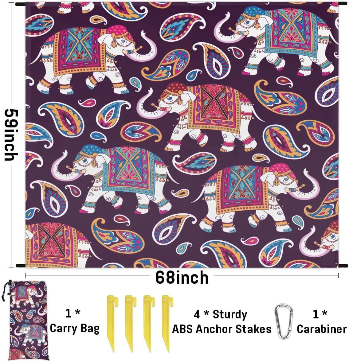 Elephant Feather Beach Blanket Waterproof Sandproof 68"x59" Large Beach Mat Lightweight Outdoor Picnic Blanket with 4 Stakes & 4 Corner Pockets for Travel Camping Hiking