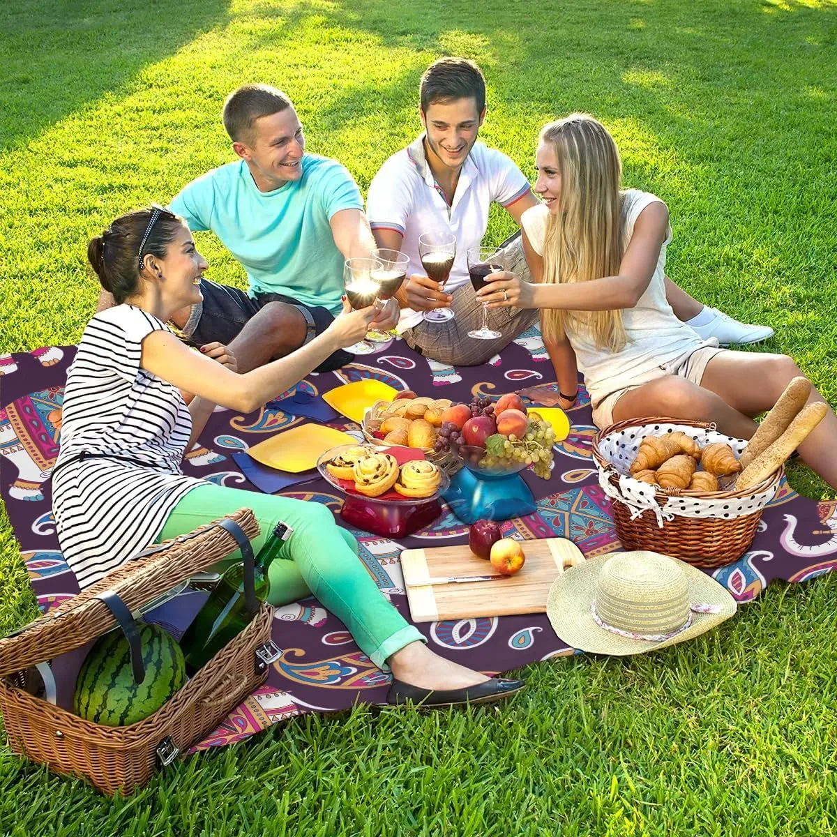 Elephant Feather Beach Blanket Waterproof Sandproof 68"x59" Large Beach Mat Lightweight Outdoor Picnic Blanket with 4 Stakes & 4 Corner Pockets for Travel Camping Hiking
