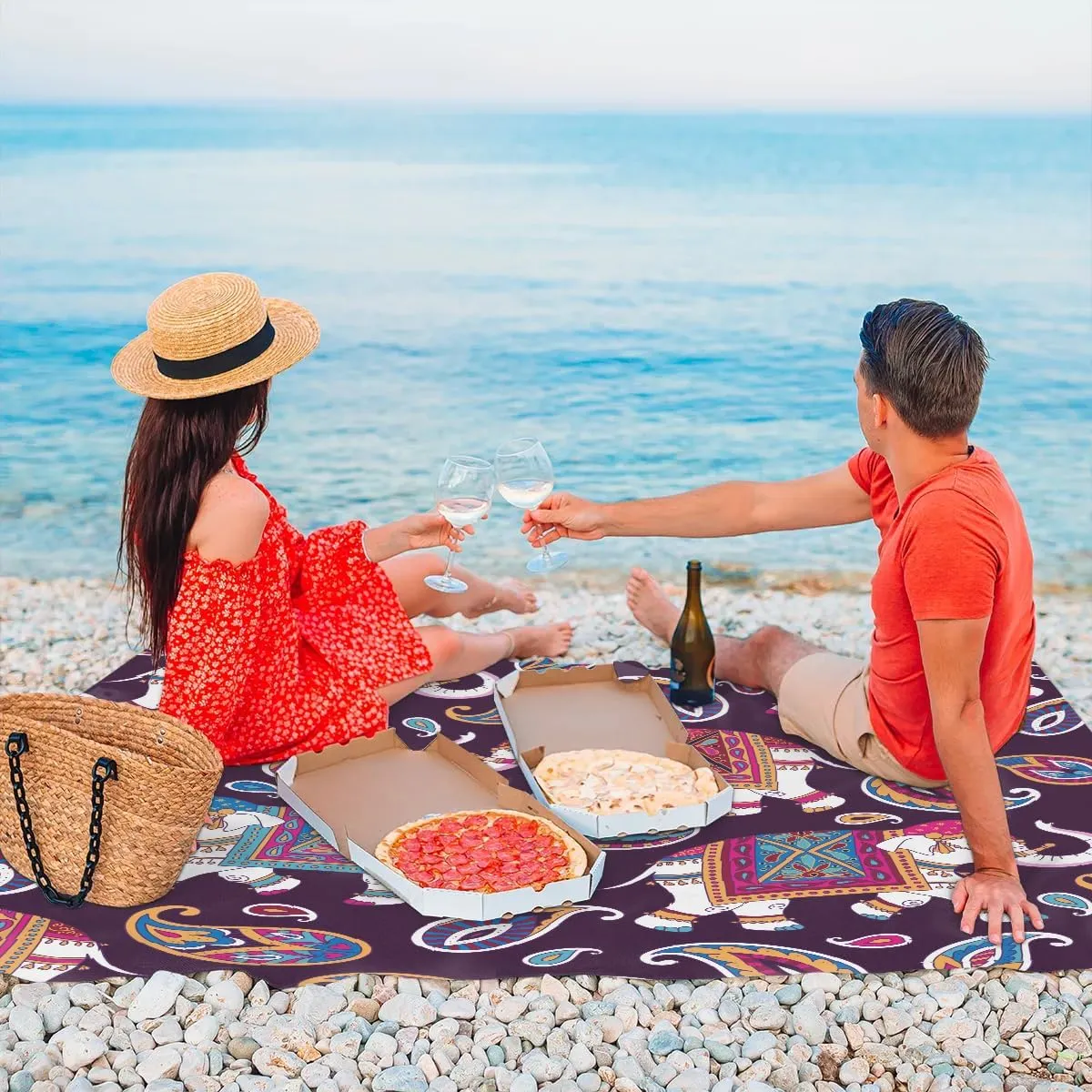 Elephant Feather Beach Blanket Waterproof Sandproof 68"x59" Large Beach Mat Lightweight Outdoor Picnic Blanket with 4 Stakes & 4 Corner Pockets for Travel Camping Hiking