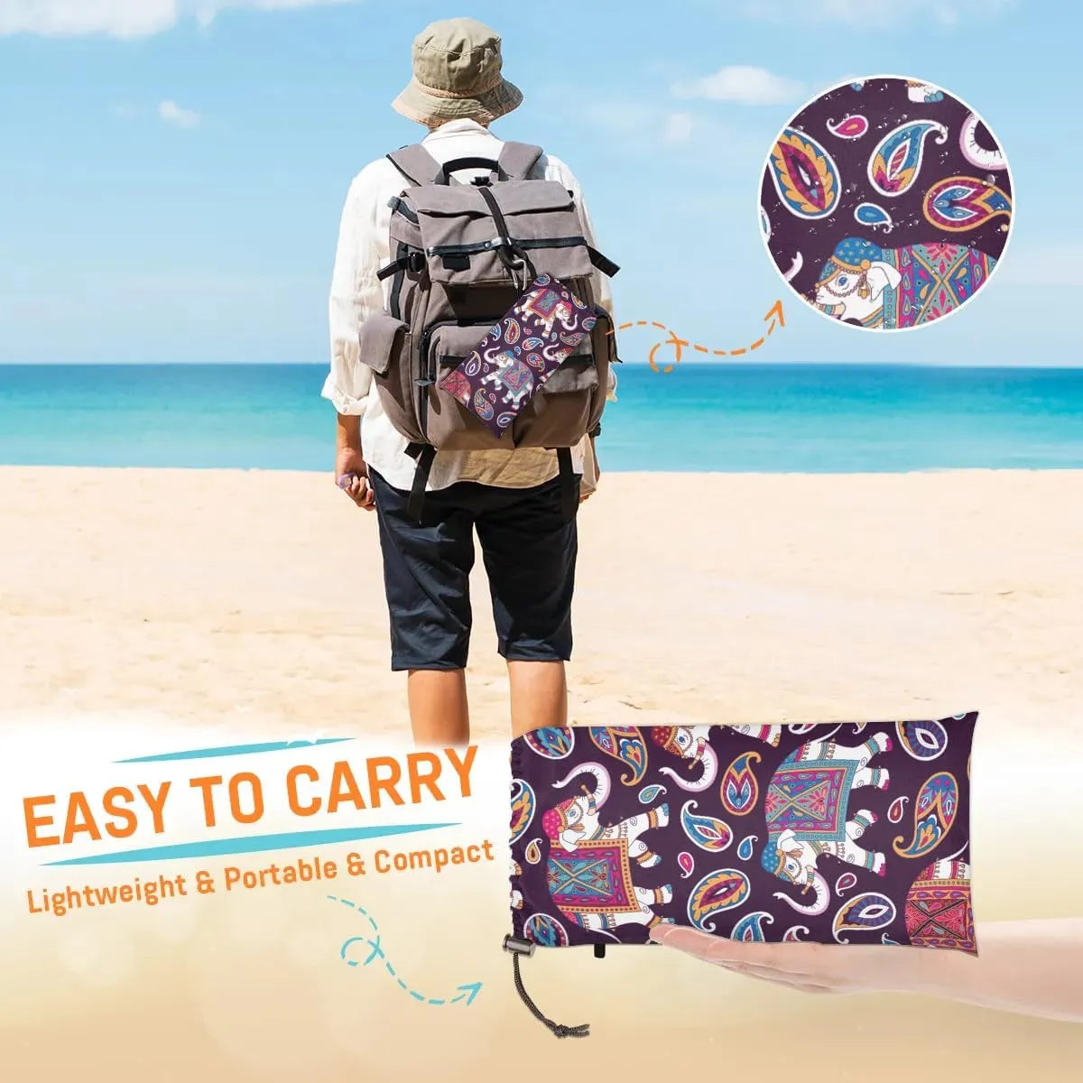 Elephant Feather Beach Blanket Waterproof Sandproof 68"x59" Large Beach Mat Lightweight Outdoor Picnic Blanket with 4 Stakes & 4 Corner Pockets for Travel Camping Hiking