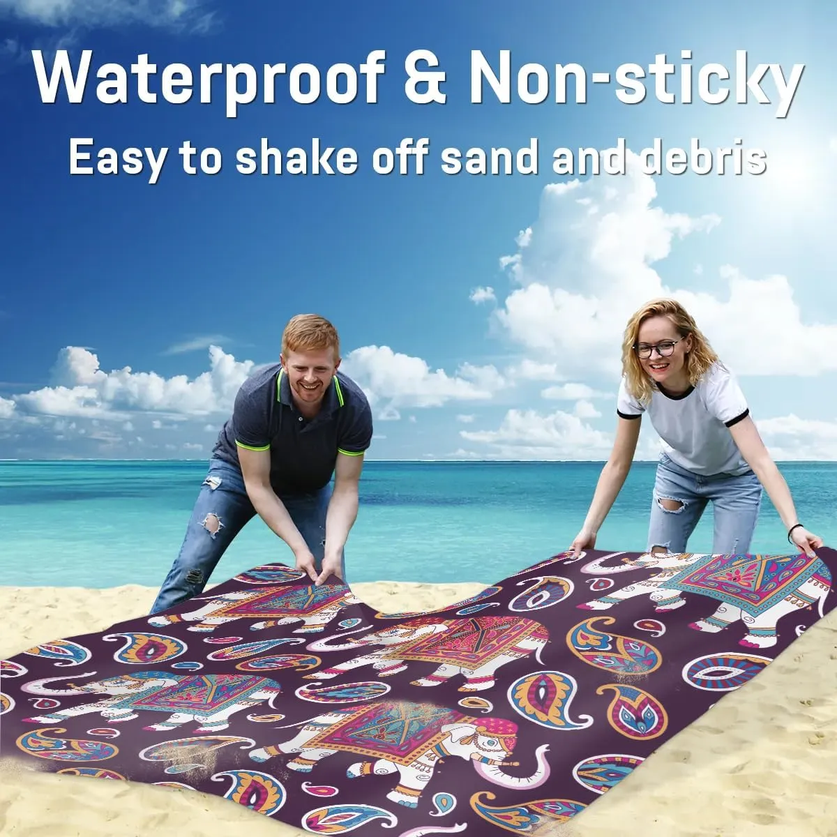 Elephant Feather Beach Blanket Waterproof Sandproof 68"x59" Large Beach Mat Lightweight Outdoor Picnic Blanket with 4 Stakes & 4 Corner Pockets for Travel Camping Hiking