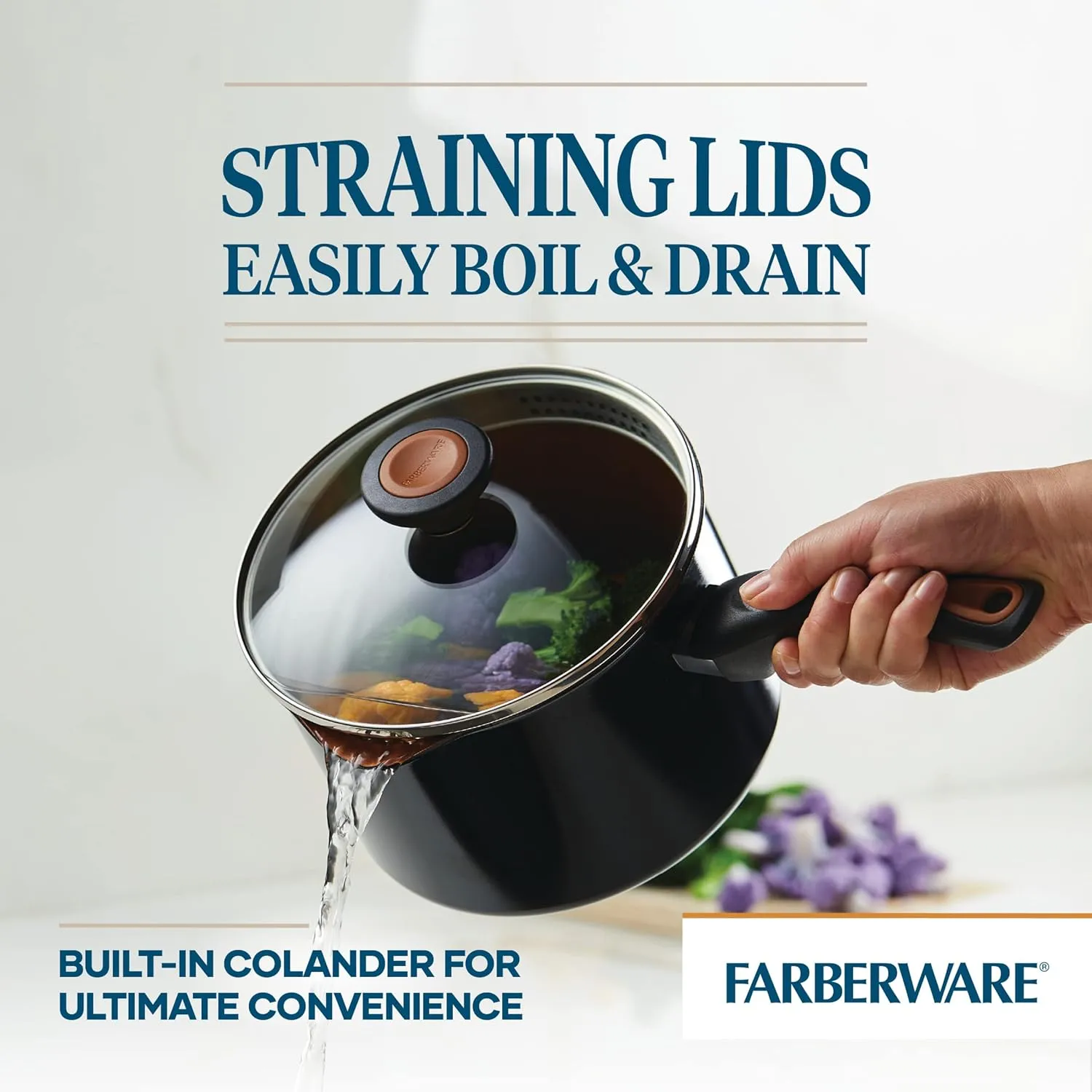 Farberware Glide Nonstick Sauce Pan/Saucepan with Straining and Lid, 3 Quart, (Black)