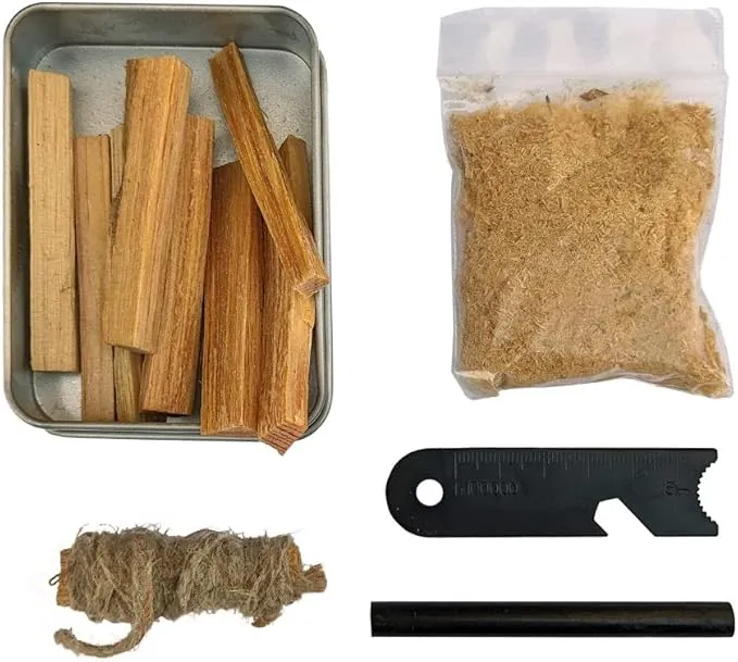 Fatwood 100% Natural Firestarter Sticks Hand Cut in The USA Ferro Rod Ferrocerium Flint Jute Fatwood Chips Striker Tin Container Survival Emergencies Camping Steve Kaeser Since 1989