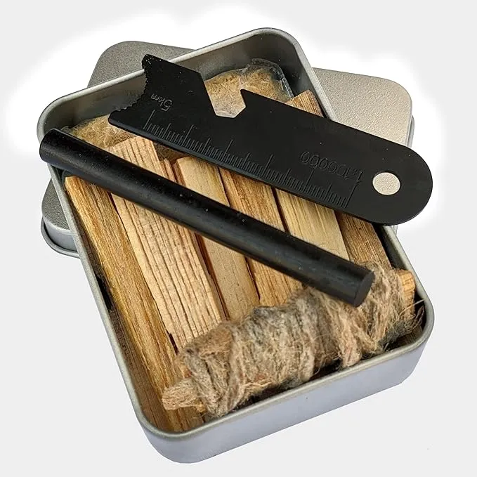 Fatwood 100% Natural Firestarter Sticks Hand Cut in The USA Ferro Rod Ferrocerium Flint Jute Fatwood Chips Striker Tin Container Survival Emergencies Camping Steve Kaeser Since 1989