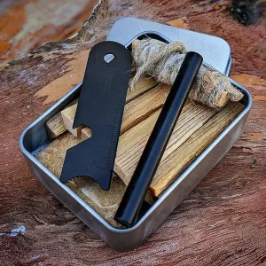 Fatwood 100% Natural Firestarter Sticks Hand Cut in The USA Ferro Rod Ferrocerium Flint Jute Fatwood Chips Striker Tin Container Survival Emergencies Camping Steve Kaeser Since 1989