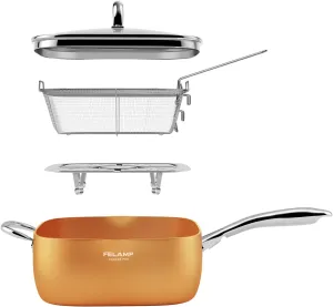 FELAMP 11-Inch Ceramic Nonstick Deep Square Frying Pan Set with Glass Lid, Stainless Steel Fry Basket & Steamer Rack, Induction Compatible, Oven &Dishwasher Safe, 4-Piece Copper Pan Chef Cookware Set