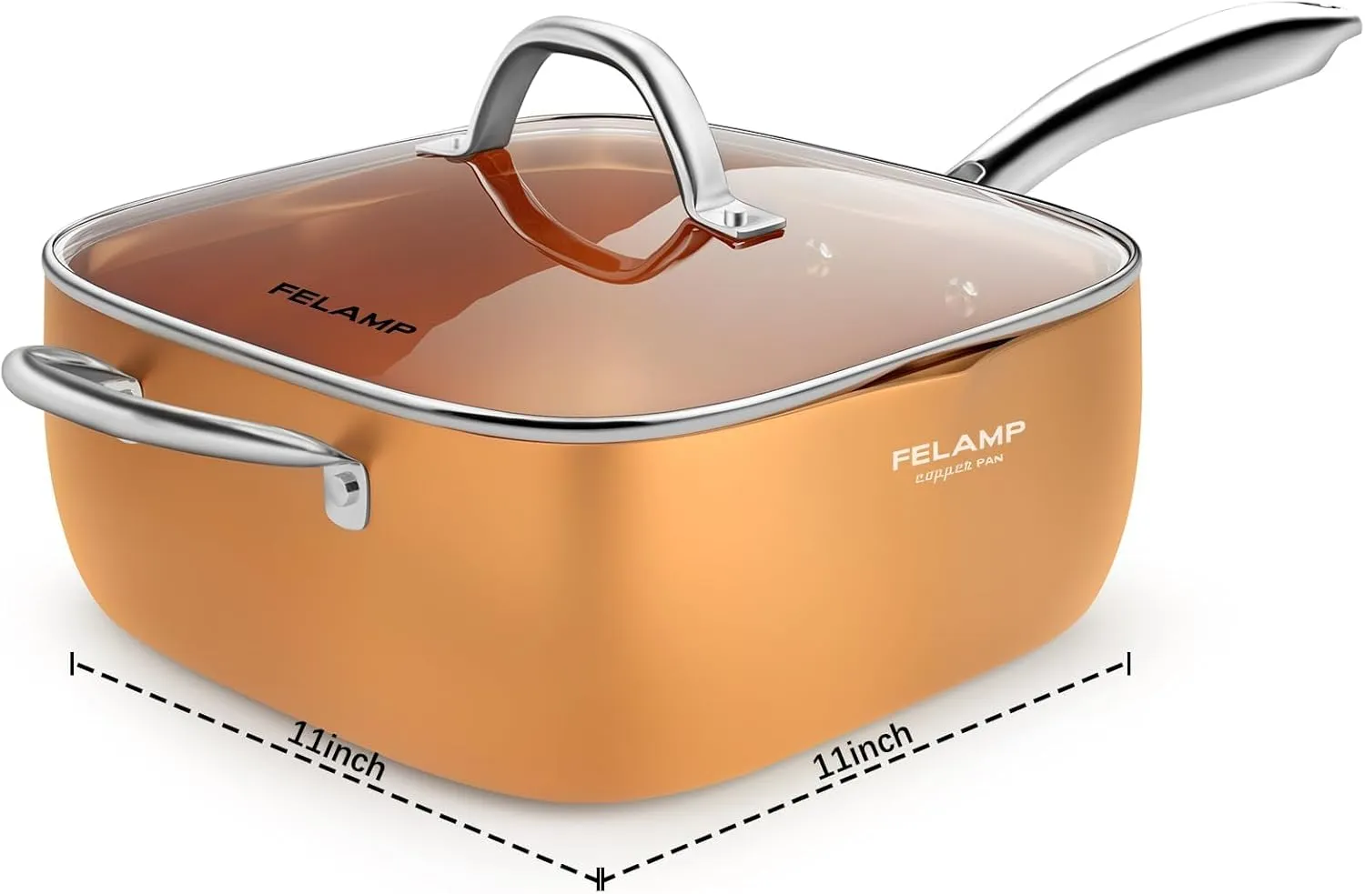 FELAMP 11-Inch Ceramic Nonstick Deep Square Frying Pan Set with Glass Lid, Stainless Steel Fry Basket & Steamer Rack, Induction Compatible, Oven &Dishwasher Safe, 4-Piece Copper Pan Chef Cookware Set