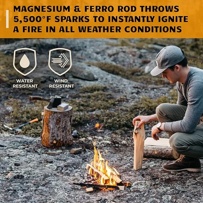 Ferro Rod Fire Starter Kit | Flint and Steel Striker| Waterproof Magnesium Farrow Rod Tool & Firestarter for Campfires (Jumbo Magnesium Rod & Ferro Rod w/Jumbo Tinder Rope)
