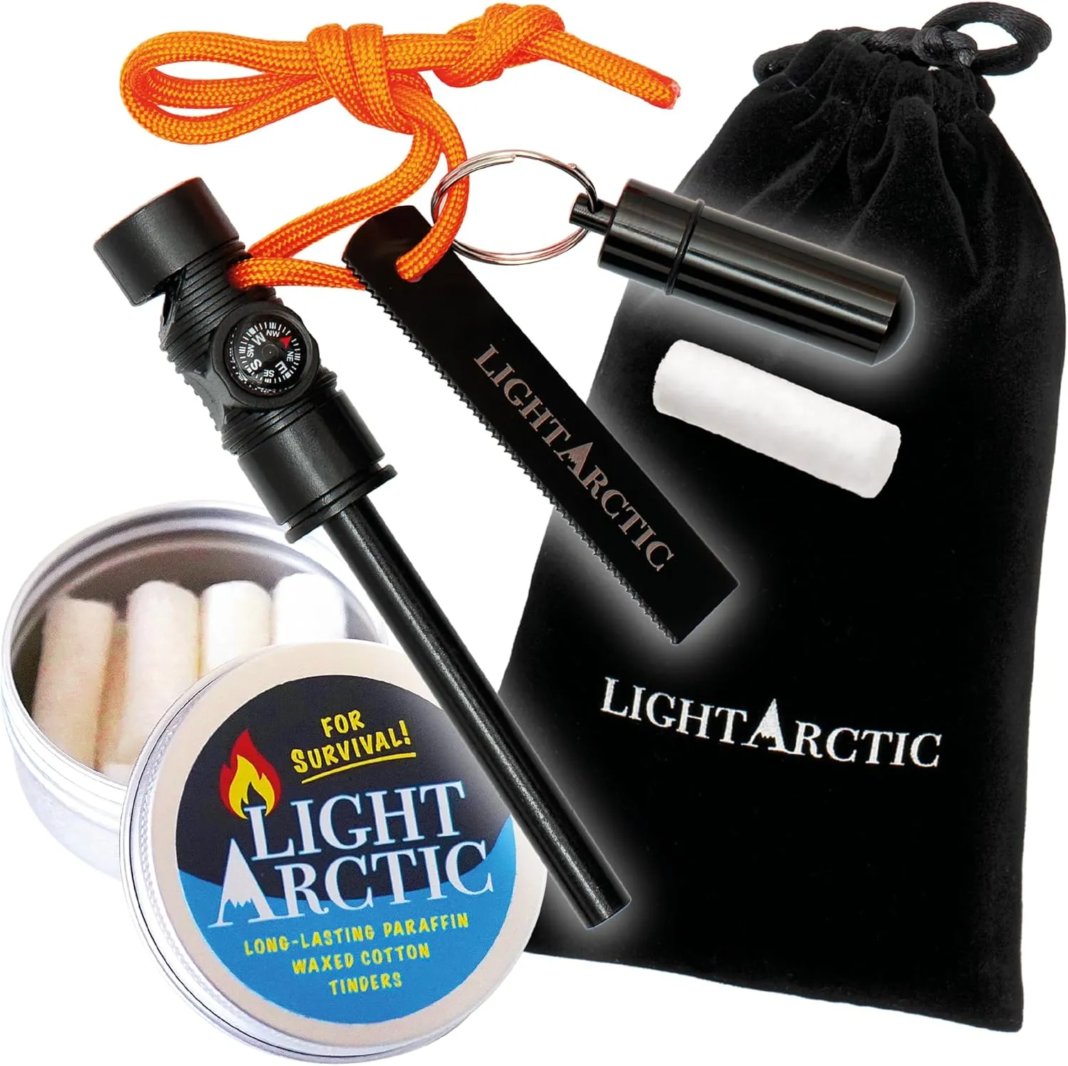 Ferro Rod Fire Starter Kit Survival Gear by LightArctic: 7-in-1 Flint and Steel Includes Compass, Whistle, 11 pcs Waxed Tinders with Waterproof Capsule - Tested in The Most Extreme Weather Conditions