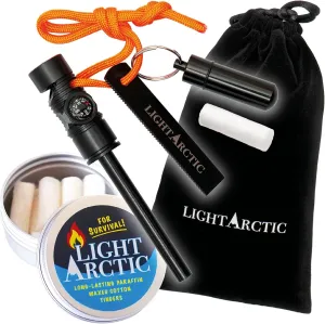 Ferro Rod Fire Starter Kit Survival Gear by LightArctic: 7-in-1 Flint and Steel Includes Compass, Whistle, 11 pcs Waxed Tinders with Waterproof Capsule - Tested in The Most Extreme Weather Conditions