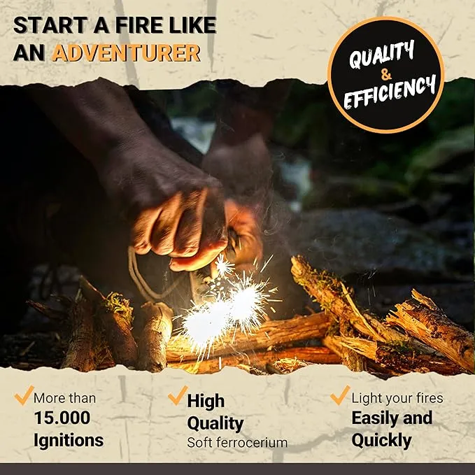Fire Starter Survival Tool - 3/8" Thick Flint and Steel Ferro Rod - Survival Kit Fire Steel with Fat Wood Tinder Stick & Multi-Tool Striker - for Camping, Emergency, Bushcraft, Outdoor