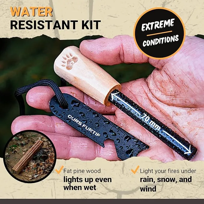 Fire Starter Survival Tool - 3/8" Thick Flint and Steel Ferro Rod - Survival Kit Fire Steel with Fat Wood Tinder Stick & Multi-Tool Striker - for Camping, Emergency, Bushcraft, Outdoor