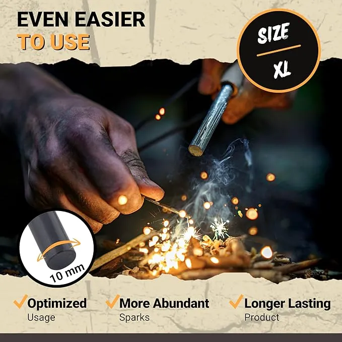 Fire Starter Survival Tool - 3/8" Thick Flint and Steel Ferro Rod - Survival Kit Fire Steel with Fat Wood Tinder Stick & Multi-Tool Striker - for Camping, Emergency, Bushcraft, Outdoor