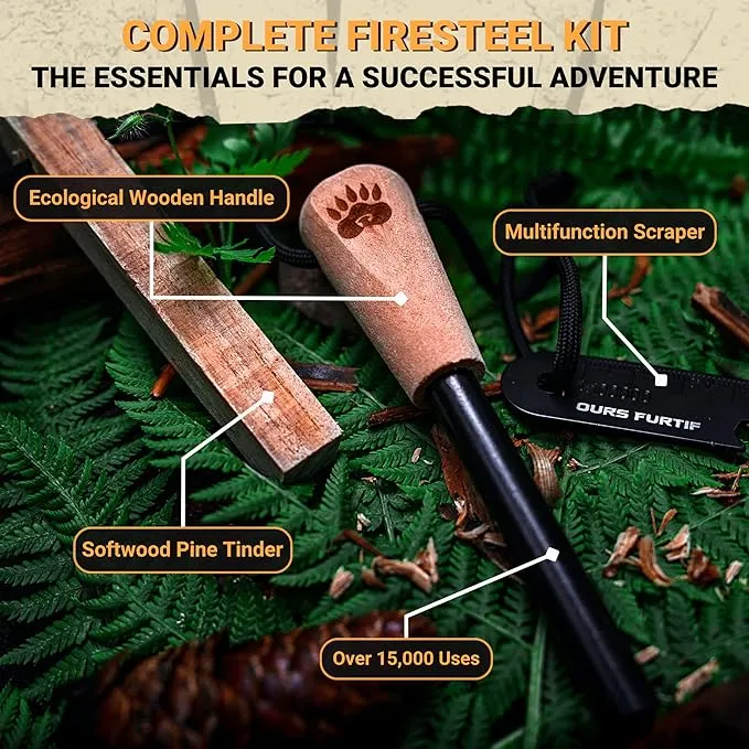 Fire Starter Survival Tool - 3/8" Thick Flint and Steel Ferro Rod - Survival Kit Fire Steel with Fat Wood Tinder Stick & Multi-Tool Striker - for Camping, Emergency, Bushcraft, Outdoor