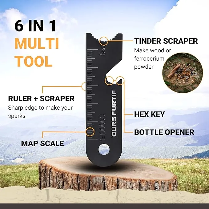 Fire Starter Survival Tool - 3/8" Thick Flint and Steel Ferro Rod - Survival Kit Fire Steel with Fat Wood Tinder Stick & Multi-Tool Striker - for Camping, Emergency, Bushcraft, Outdoor