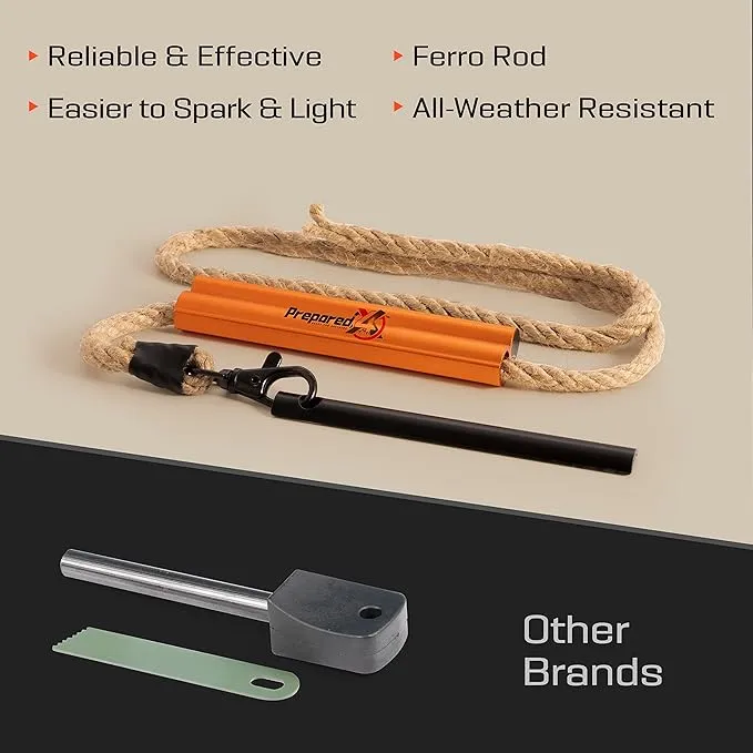 Fire Starter Survival Tool - All-in-One Flint and Steel Fire Starter Kit - Ferro Rod Fire Starter with 36" Waterproof Tinder Wick Rope and Steel Fire Striker - Patented Firestarter | Prepared4X